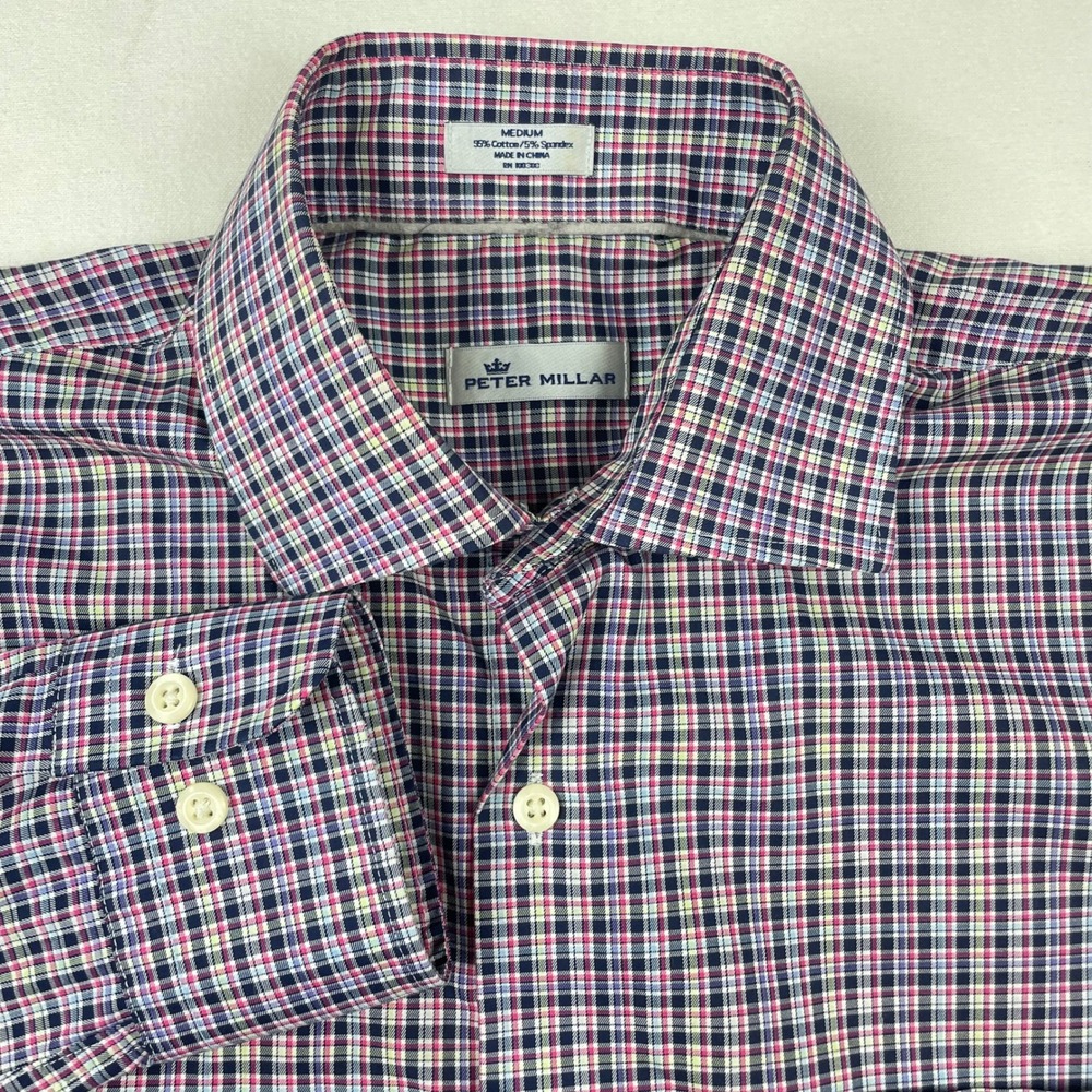 Peter Millar Mens Medium Plaid Button Down Shirt Pink Navy Cotton Stretch LS